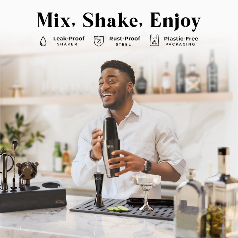 BARE BARREL Mixology Bartender Kit Bar Set | 14-Piece Cocktail Shaker Set | Martini Barware Mixing Tools for Home Bartending | Incl. 35 Recipe Cards | Gift Set (28oz Boston Shaker  Jet Black/Black) - Image 3